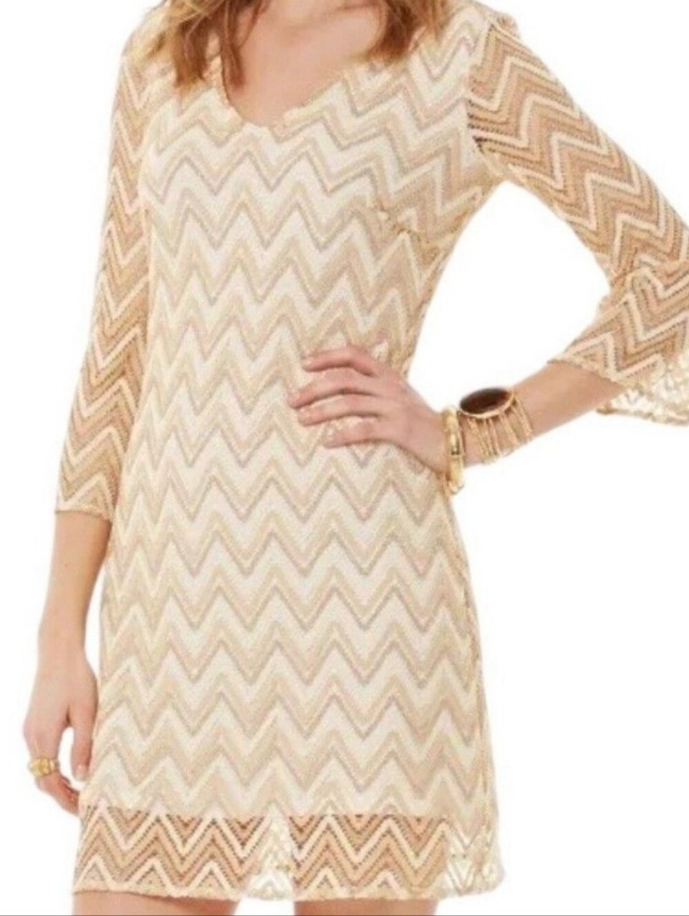 Lilly Pulitzer Gold Jade Crochet Lace Chevron Tunic Dress Size Small